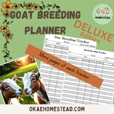 Words "Goat breeding planner deluxe edition", "more pages of each tracker" image of two goats in front of a sunset