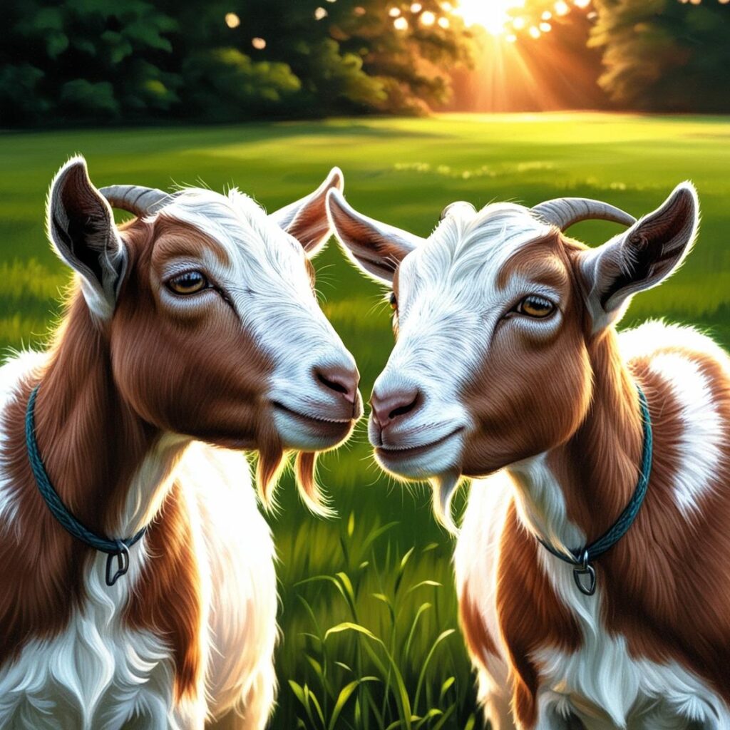 goat couple in a field with a sunset through the trees behind them