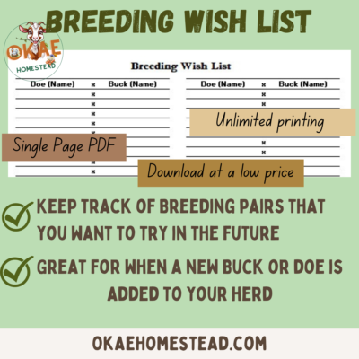 breeding wish list mockup, close up of wish list, okae homestead logo, words single page pdf, download at a low price, unlimited printing, keep track of breeding pairs that you want to try in the future, great for when a new buck or does is added to your herd