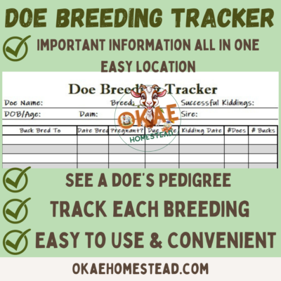 doe breeding tracker mock up 2 close up of tracker, OKae homestead logo, words important information all in one easy location, see a doe's pedigree, track each breeding, easy to use and convenient