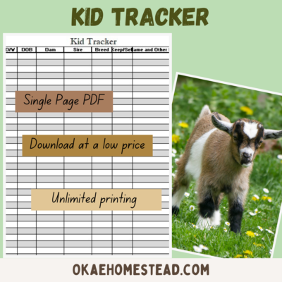 doe breeding tracker mock up 1 image of tracker, image of a goat kid, Okae homestead logo, words single page pdf, unlimited printing, download at a low price