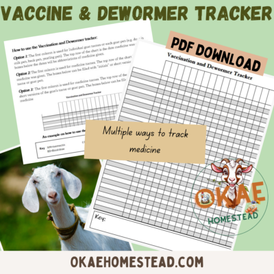 vaccine and dewormer tracker mock up1, images of a white dairy goat with a green scene behind it, Okae Homestead Logo, images of the tracker page, words pdf download, multiple ways to track medicine