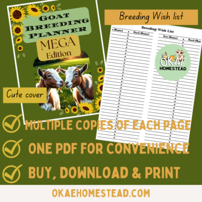 image of mega goat breeding planner cover and image of breeding wish list spreadsheets, words "multiple copies of each page", "one pdf for convenience", "buy, download, & print"