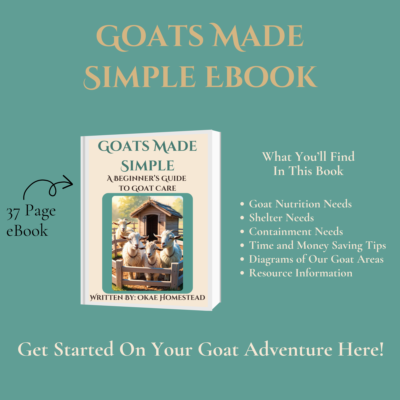 Goats Made Simple eBook what you'll find in this book, goat nutrition needs, shelter needs, containment needs, time and money saving tips, diagrams of our goat area, resource information, get started on your goat adventure here!, 37 page ebook, image of Goats Made Simple cover