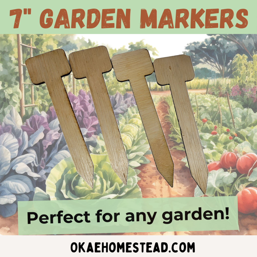7" garden markers, perfect for any garden. Image of T shaped garden stakes with a vegetable garden background