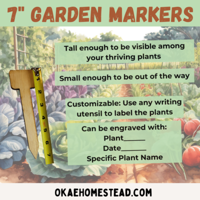 7" garden markers, tall enough to be visible among your thriving plants, small enough to be out of the way, custumizable, use any writing utensil to label the plants, can be engraved with Plant___ and Date___ or specific plant names. Image of T shape garden stake with tape measure beside it, vegetable garden background