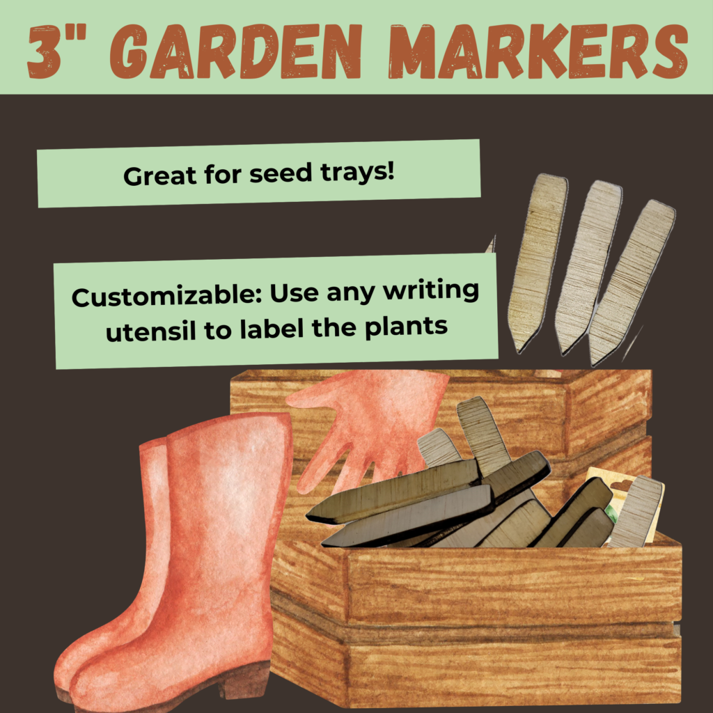 3" garden markers, great for seed trays, customizable use any writing utensil to label the plants, image of garden supplies in stack of boxes, small wooden stake with one end square the other end pointed