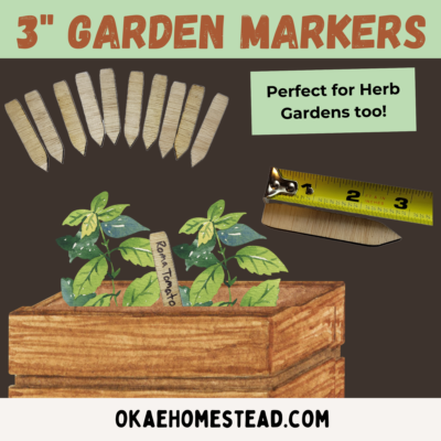 3" garden markers, perfect for herb gardens too, image of garden planter box with tomato plants and a garden marker in it, small wooden stakes with one end square the other end pointed beside a tape measure