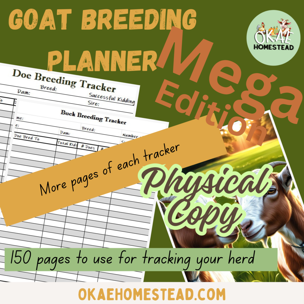 Words "Goat breeding planner mega edition", "more pages of each tracker", "physical copy" image of two goats in front of a sunset