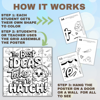 how it works step 1 each student gets their own shape to color, step 2 students or teacher uses the grid to assemble the poster, step 3 hang the poster on a door or a wall for all to see, image of poster with some of the poster colored. Poster is a baby chick sitting in half of a hatched egg with the quote "The best ideas take time to hatch" poster also has feather and smaller chicks in various places on the poster, 3 images of the pages included to make the poster