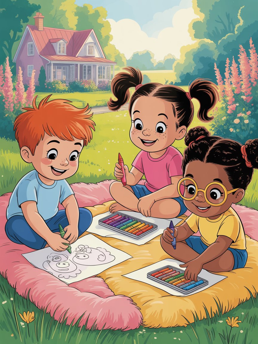 a cartoon style illustration of a homestead with children sitting on a picnic blanket while coloring or drawing a picture in front of a large house