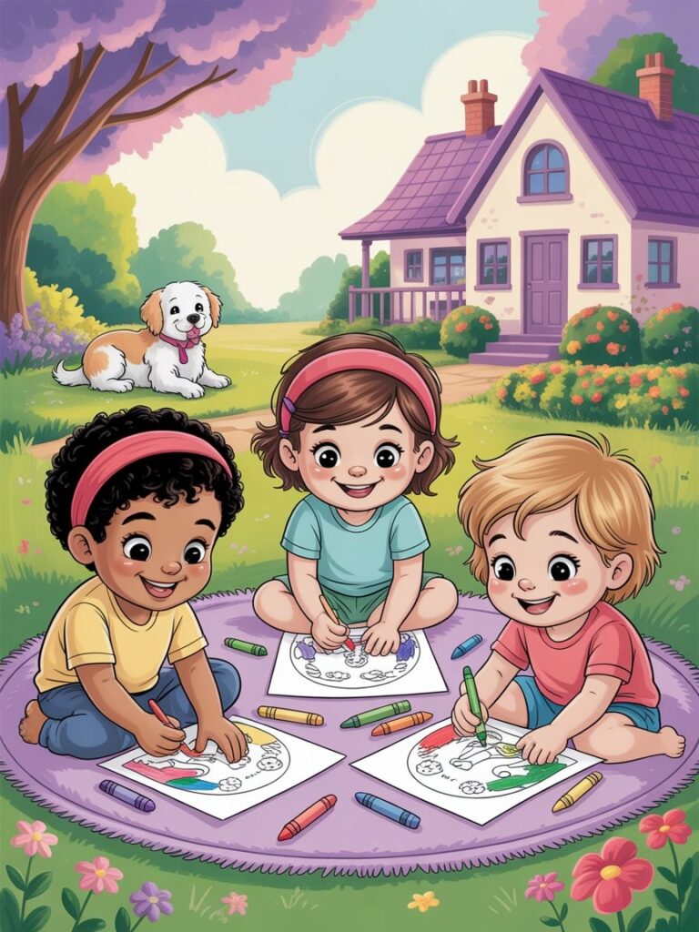 a cartoon style illustration of a homestead with children sitting on a picnic blanket while coloring or drawing a picture, there is a dog in the background lying under a tree in front of a large house